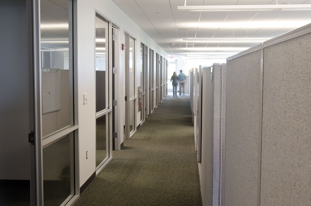 A modern office corridor lined with cubicles and glass-walled offices
