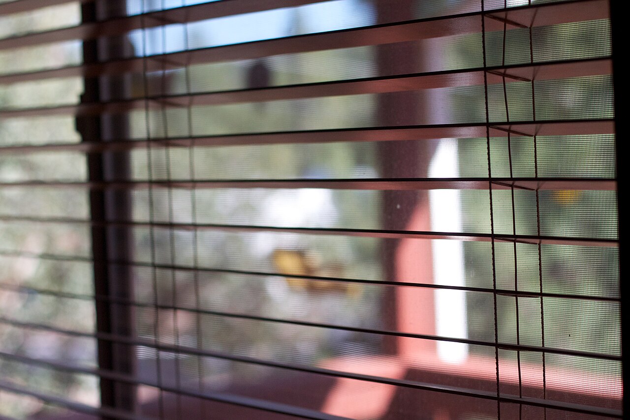 A window fitted with a horizontal blind, with daylight coming through the slats