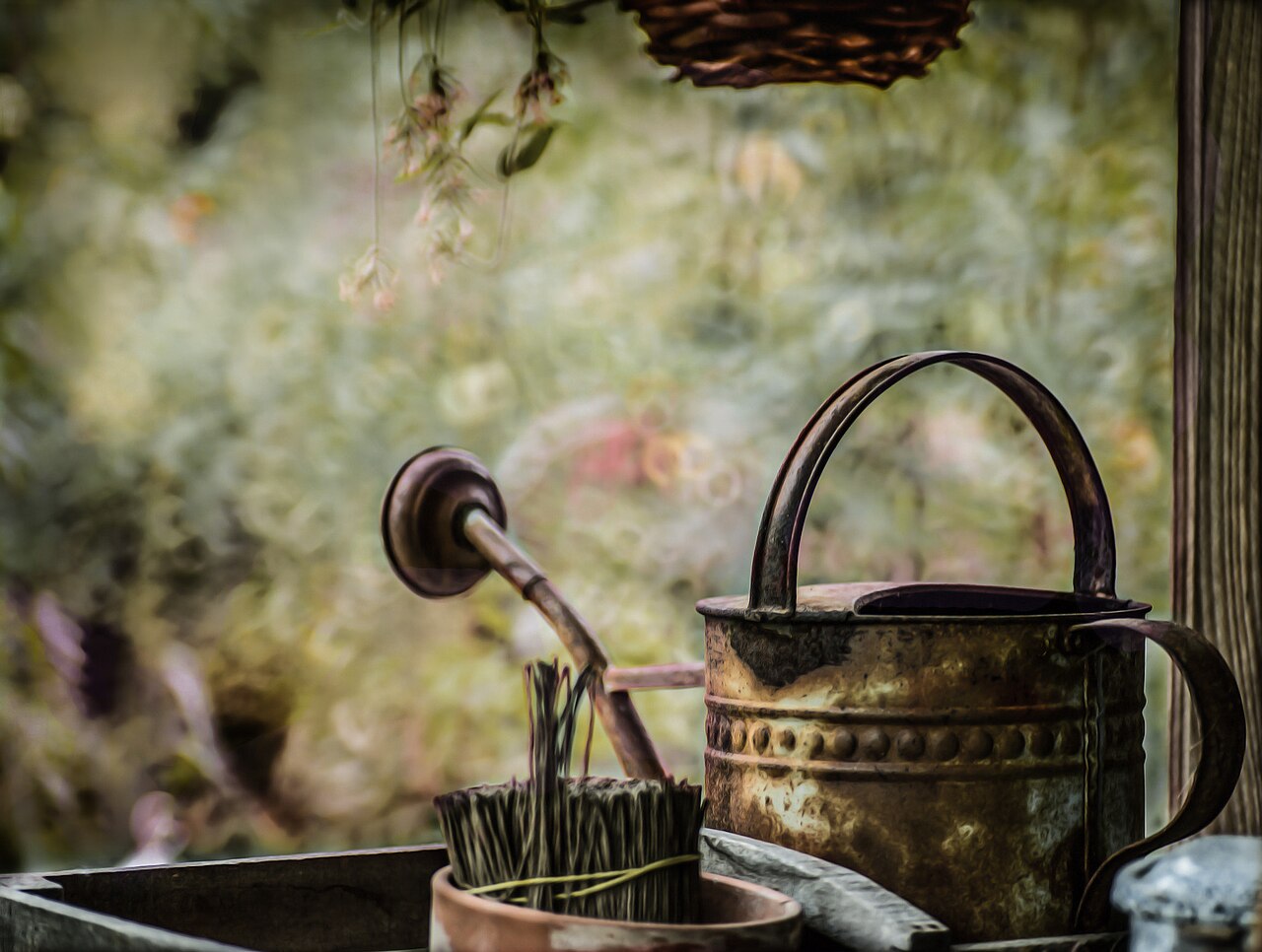 A metal watering can with its rose (the perforated spout head) on a potting bench