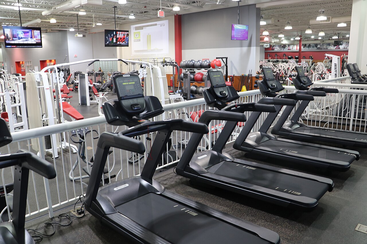 A row of treadmills and weight machines inside a fitness center