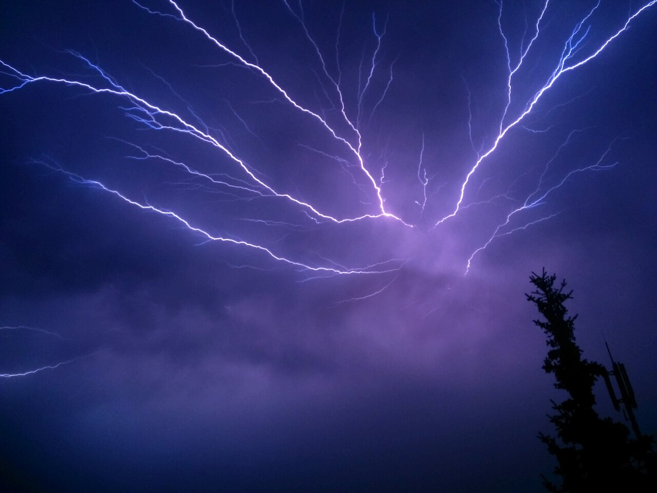 A powerful lightning bolt branching across a dark night sky